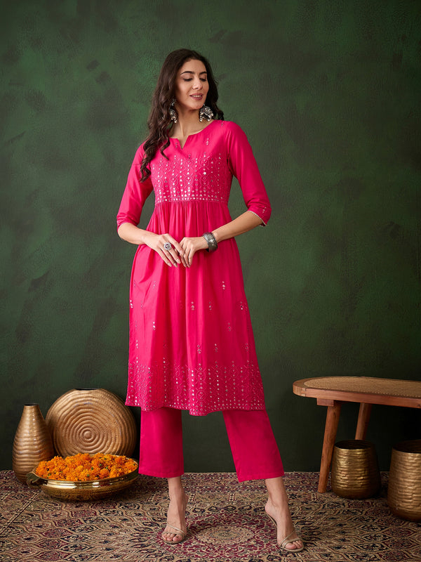 Embroidered Mirror Work Notch Neck Pure Cotton A-Line Kurta With Trouser