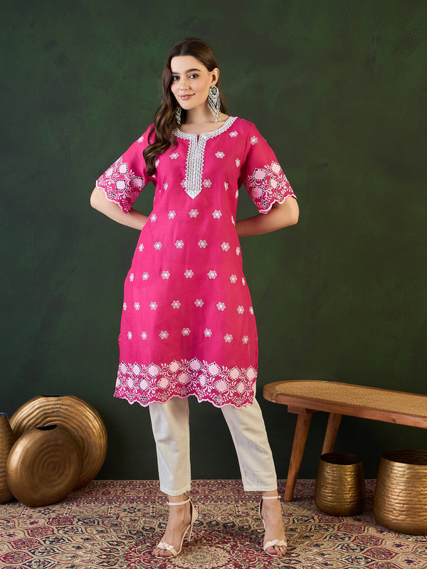 Ethnic Motifs Embroidered Round Neck Schiffli Pure Cotton Straight Kurta