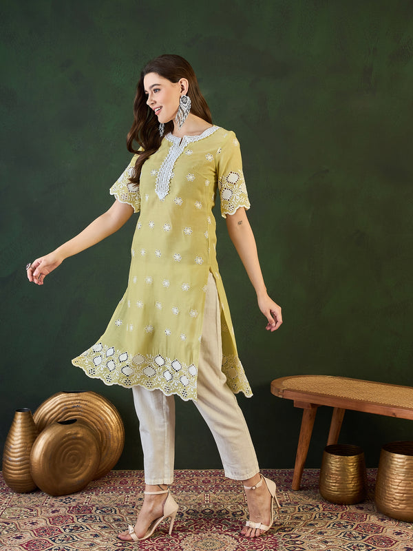 Ethnic Motifs Embroidered Round Neck Schiffli Pure Cotton Straight Kurta
