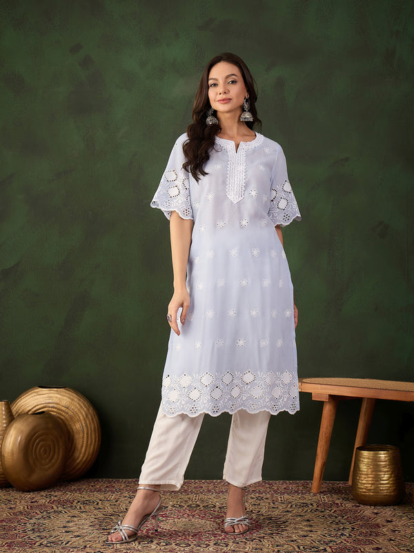 Ethnic Motifs Embroidered Round Neck Schiffli Pure Cotton Straight Kurta