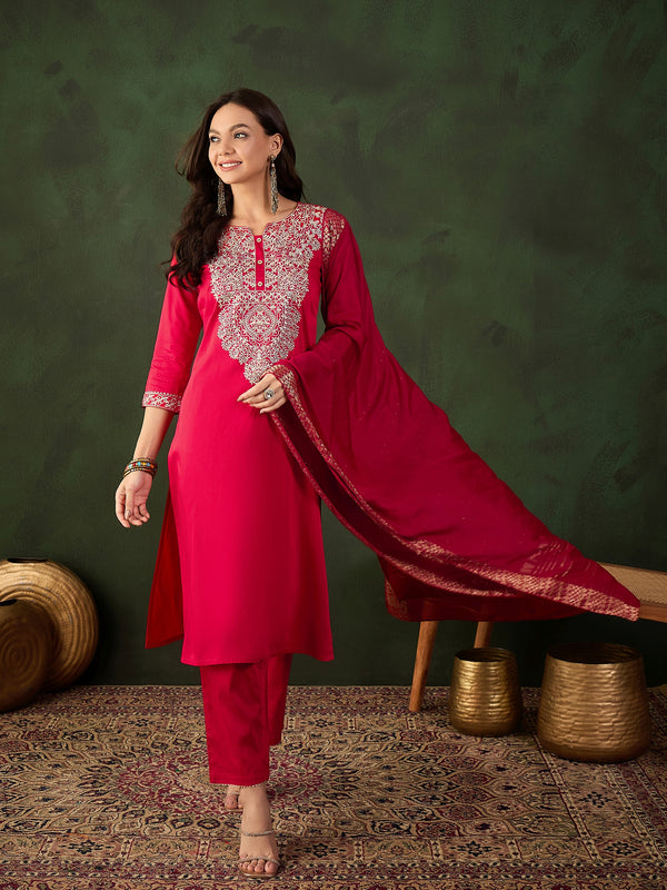 Red Floral Embroidered Three-Quarter Sleeves Straight Kurta & Trouser With Dupatta