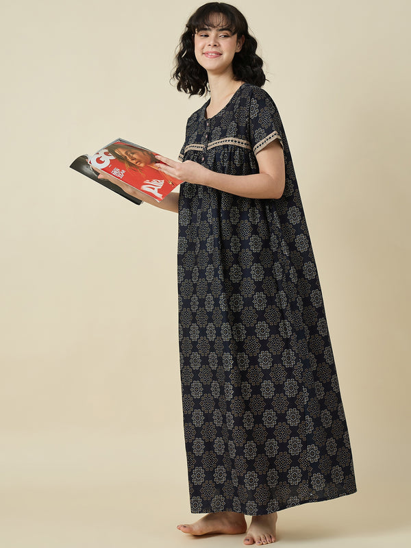 Midnight Bloom Black Pure Cotton Full Length Printed Gowns With Functional Side Pockets