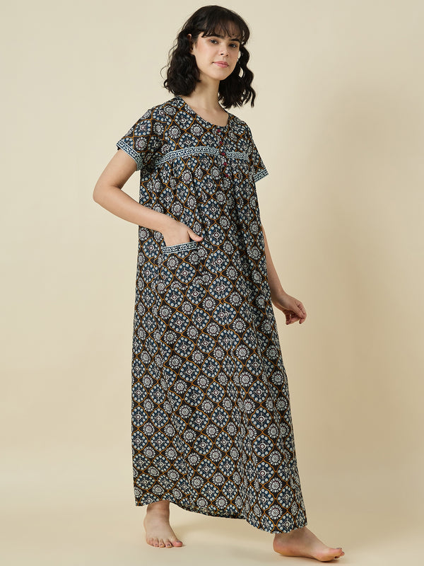 Midnight Bloom Blue Pure Cotton Full-Length Printed Gowns With Functional Side Pockets