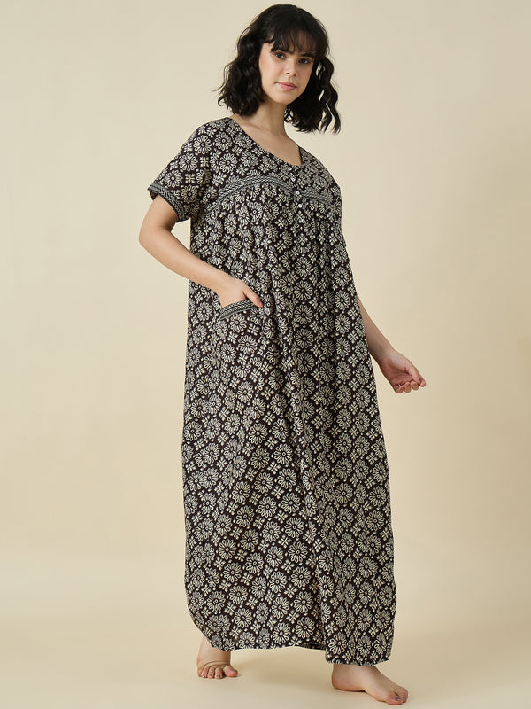 Midnight Bloom Black Pure Cotton Full Length Printed Gowns With Functional Side Pocket