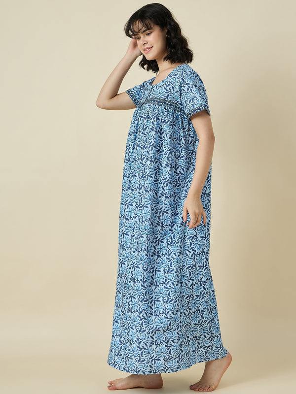 Midnight Bloom Blue Pure-Cotton Full Length Printed Gowns With Functional Side Pockets