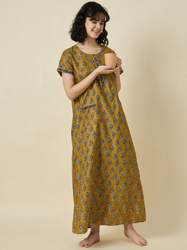 Midnight Bloom Beige Pure Cotton Full Length Printed Gowns With Functional Side Pockets