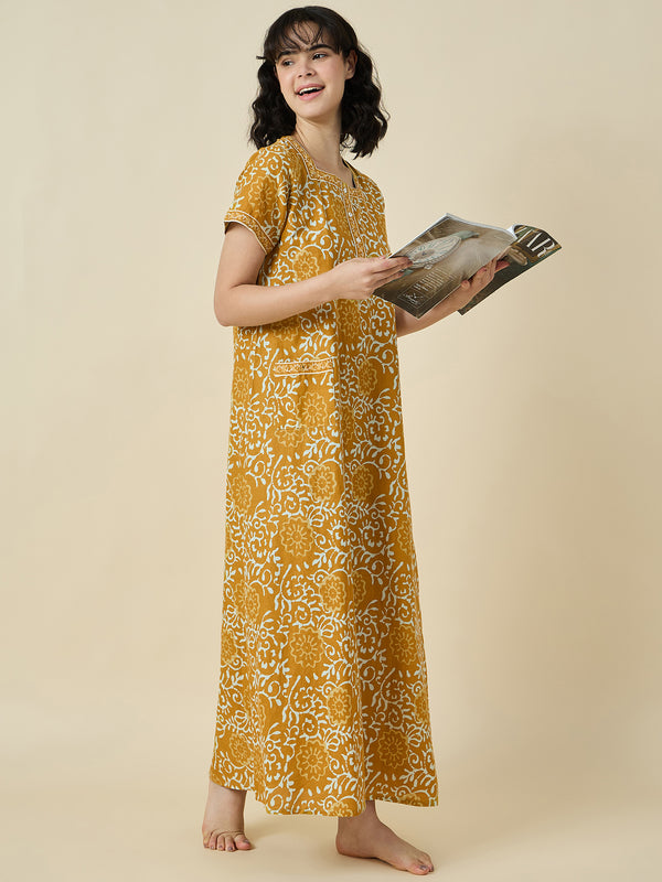 Midnight Bloom Yellow Pure Cotton Full Length Printed Gowns With Functional Side Pockets